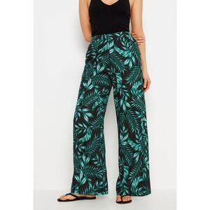 LTS Long Tall Sally Black Green Tropical Print Wide Leg Trousers 18 Extra Long